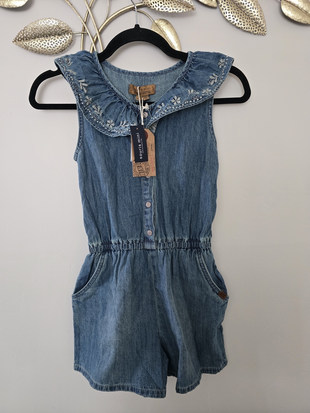 NWT Denim Embroidered Collar Girls One-Piece Romper - Blue Size 10 y.o. 140cm